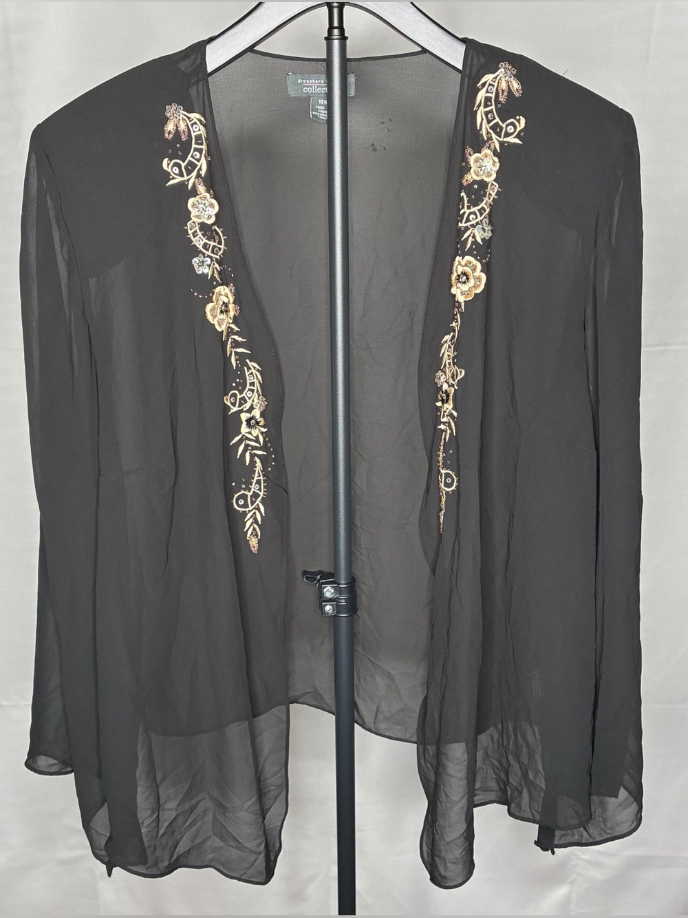 Sheer Black Open-Front Tunic with Gold Floral Embroidery